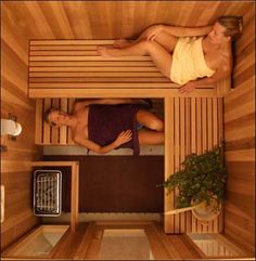 two people in a wooden sauna