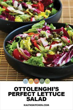 two black bowls filled with salad on top of a bamboo mat and text overlay reads ottolengh's perfect lettuce salad