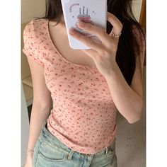 Bow Floral Print Short Sleeve Tee Trendy Non-stretch T-shirt For Summer, Trendy Summer T-shirt, Cute Scoop Neck Top For Spring, Non-stretch Trendy Spring T-shirt, Trendy Non-stretch Spring T-shirt, Aesthetic Soft Girl, Bow Shorts, 2 Piece Skirt Set, Baby Tees Y2k