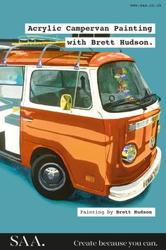 an orange and white van with surfboards on it's roof is featured in this advertisement