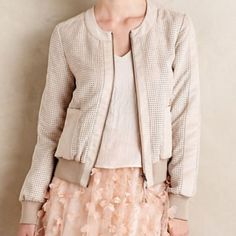 Anthropologie Bomber Jacket. Like New! Worn Twice. Perfect Condition. Suede. Cream, Neutral Color. Square Cutouts In The Fabric. Size Medium. Spring Layering Neutral Outerwear, Neutral Outerwear For Spring Layering, Fitted Neutral Outerwear For Layering, Fitted Neutral Outerwear For Spring, Hei Hei, Anthropologie Jacket, Women Trends, Suede Jacket, Best Brand