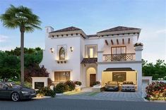 a car parked in front of a white two story house with palm trees on the side