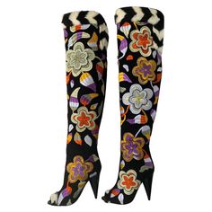 Tom Ford Over-the-knee Boots with 2-D Flower Embroidery F/W 2013 Runway collection Italian size 37 - US 7 Peep-toe, Pull-on style, 2D floral embroidered suede. Striped dyed Goat fur (China) trim Total height Approx. : 25 1/2"H over-the-knee shaft. 4" conical heel. Made in Italy. Brand new. In original box and dust bag. Matching skirt listed separately. 2013 Runway, Crystal Belt, Chic Leather, Vintage Boots, Runway Collection, Flower Embroidery, Embroidery Flowers, Over The Knee Boots, Over The Knee