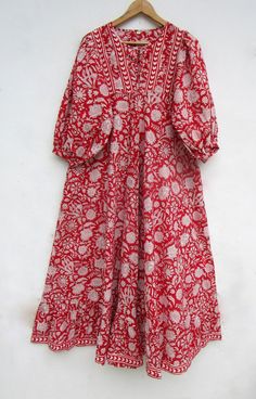 "ITEM DESCRIPTION red blossom floral printed maxi dress - Henley neckline with button maxi dress - 3/4th sleeve with button maxi dress  Features: 3/4th sleeve, Henley neck, Long dress Material: Cotton cambric Fabric: 100% cotton soft light weight ethnic print fabrics  Sleeve Length = 18 inch For more sizes & their measurement, please refer our below chart to understand the sizes variations available with us For your size requirement, please mention your size in seller note at the time of buying. SIZE MEASUREMENT  BUSTLENGTHSHOULDER XXS34 inch51 inch13.5 inch XS36 inch51 inch14 inch S38 inch51 inch14.5 inch M40 inch51 inch15 inch L42 inch51 inch16 inch XL44 inch51 inch16.5 inch 2XL46 inch51 inch17 inch 3XL48 inch51 inch18 inch   Company Return Policy:  Please write for more information to m 3/4 Sleeve Beach Dress With Buttons, Beach Dresses With Buttons And 3/4 Sleeves, Beach Dresses With 3/4 Sleeves And Buttons, Casual 3/4 Length Maxi Dress, Summer Floral Print Dress With 3/4 Length, Summer Floral Print 3/4 Length Dress, Red Midi Dress With 3/4 Sleeves, Flowy Red Cotton Maxi Dress, Red Flowy Cotton Maxi Dress