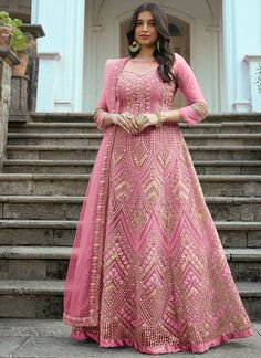 Pink Multi Embroidery Traditional Anarkali Suit Net Anarkali, Anarkali Suits Designer, Net Gowns, Butterfly Net, Long Anarkali, Gown With Dupatta, Nikkah Dress, Bollywood Dress, Gown Suit