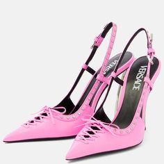 Step Out In Style With These Versace Slingback Pumps Made From Supple Calfskin Leather. In Pink, They’re Defined By Their Curved Stiletto Heels, Silver-Toned Rivets, And Razor-Sharp Toes Accented By Lace-Up Detailing. Lining: Leather Upper: Cow Leather Sole: Leather Insole And Sole Toe Shape: Pointed Toe No Dust Bag Or Box Designer Color Name: Pink Paradise-Palladio Closure: Buckle-Fastening Ankle Strap Made In Italy Item Number: P00774230 Luxury Pink Pointed Toe Slingback Pumps, Luxury Pink Slingback Pumps Pointed Toe, Pink Slingback Pumps With Branded Heel Counter, Luxury Calf Leather Slingback Pumps For Summer, Luxury Summer Calf Leather Slingback Pumps, Designer Pink High Heel Slingback Pumps, Designer Pink Pointed Toe Slingback Pumps, Designer Pink Slingback Pumps With Pointed Toe, Pink Leather Slingback Pumps For Party