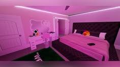 a pink bedroom with hello kitty decorations on the wall and bed in the middle,