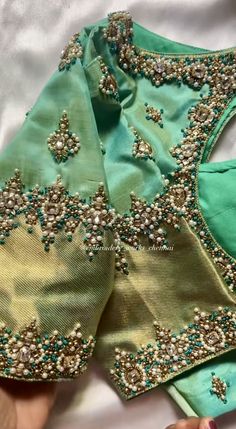 Trendy Aari Blouse Designs, Temple Blouse Designs, Engagement Blouse Aari Work Designs, Stone Work For Blouse, Engagement Aari Work Blouse, Thalambralu Saree Blouse Designs, Heavy Blouse Designs Latest, Green Work Blouse Designs, Seemantham Blouse Designs