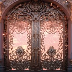 an ornate iron door with glass panels on the front and side doors, in pink tones