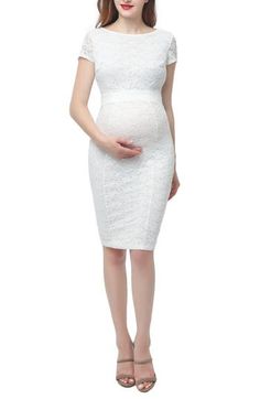 Strategic paneling accentuates the bump-flattering fit of a lace body-con dress that falls just above the knee. 38" length Hidden side-zip closure Bateau neck Short sleeves Lined 90% cotton, 10% spandex Machine wash, dry flat Imported Elegant Bodycon Maternity Dress, Chic Fitted White Maternity Dress, Chic Fitted Knee-length Maternity Dress, Elegant Maternity Bodycon Dress, Stretch Lace Sheath Bodycon Dress, Elegant Stretch Maternity Dress, Fitted Knee-length Maternity Dress, Spring Maternity Fitted Lace Dress, Fitted Summer Maternity Dress With Lace Trim