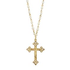 4mm Faux Pearl Chain Crucifix Cross Pendant Necklace 16" + 3" Extender Christian Accessories, Jewelry Wishlist, Crucifix Necklace, Cross Necklaces, 1928 Jewelry, Style Goals, Beautiful Cross, Gold Cross Necklace, Banner Background