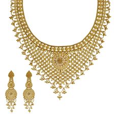 22K Yellow Gold Necklace & Earrings Set W/ Interlocked V-Stole Design - Virani Jewelers Gold Necklace And Earrings Set, 22k Gold Ring, Antique Gold Jewelry Indian, 22k Gold Jewelry, Antique Gold Jewelry, Yellow Gold Necklace, Gold Bead Necklace, Jewelry Indian, Necklace And Earrings Set