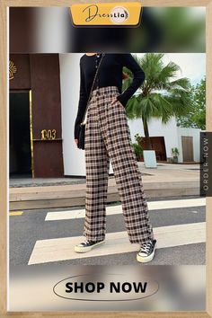 Simple Vintage Plaid Causal Long Women Pants Street Fashion Straight Wide Leg Pant Casual Plaid Wide Leg Pants, Casual Plaid Wide Leg Pants For Fall, Trendy Plaid Wide Leg Bottoms, Casual Plaid Wide Leg Bottoms, High Waist Plaid Pants For Spring, Spring Plaid Wide Leg Pants, Casual High Waist Plaid Bottoms, Baggy Plaid Wide Leg Pants, Plaid Long Pants For Fall