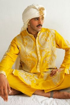 Mustard yellow kurta featuring paisley vine motif, dori and marodi embroidery. Paired with a solid pyjama. - Aza Fashions Marodi Embroidery, Yellow Kurta, Men Kurta, Mens Pajamas, Mandarin Collar, Wabi Sabi, Aza Fashion, Mustard Yellow, Vines