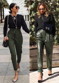 1,2,3… pantalones verdes otra vez (así se usan para volver a ser Gi Outfit, Winter Office Outfit, Olive Pants, Leather Pants Outfit, Spring Work, Feminine Chic, Faux Leather Pants, Fancy Outfits