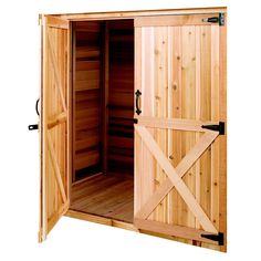 an open wooden sauna with sliding doors on the outside and inside side, isolated against a white background