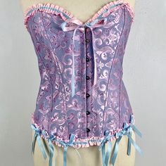 Fabulous Bustier Or Strapless Corset In Size 2xl. Beautiful Pink And Light Blue Scrolling Leafy Satin Damask Fabric Which Is Very Sturdy. Strong Stays Sewn In Everywhere. Front Metal Hook & Eye Then Back Lace Up For A Perfect Fit. Along All The Edges Is Pink Satin Ribbon Gathered Into Ruffles With Blue Ribbon Bows. Just One Of The Prettiest Corset We Have Ever Seen. Size 2 Extra Large Bust: 46"-50" Waist: 40"-42" Hips: 47" Length: 16" All Of These Measurements Are Adjustable With The Lace Up Fea Customized Dolls, Heritage Lace, Light Aesthetic, Fashion Student, Blue Corset, Goth Corset, Scene Outfits, Damask Fabric, Pink Corset