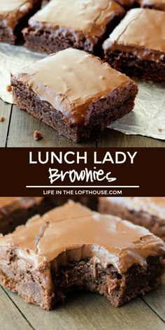 chocolate brownies with peanut butter frosting on top and the words, lunch lady browne