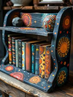 a book shelf with books on it and an orange ball sitting on top of it