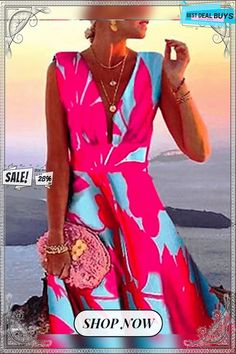 Boho Floral Sleeveless V Neck Plus Size Casual Dresses Chic Pink Sleeveless Beach Dress, Pink V-neck Sleeveless Dress For Beach Season, Pink Sleeveless Beach Dress, Sleeveless Pink Dress For Vacation, Pink V-neck Sleeveless Summer Dress, Pink V-neck Sleeveless Dress For Beach, Pink Sleeveless Dress For Vacation, Pink A-line Sleeveless Dress For Vacation, Pink A-line Sleeveless Dress For Beach