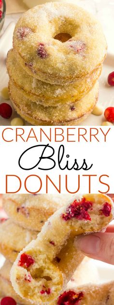 cranberry bliss donuts are stacked on top of each other and have been cut in half