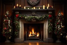 a fireplace decorated for christmas with candles and wreaths