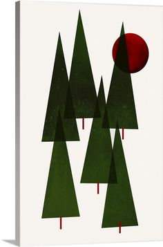 an abstract painting with trees and a red object in the middle, on a white background