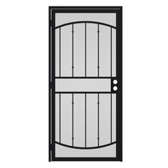 an iron door with glass panels on the top and bottom panel, in black finish