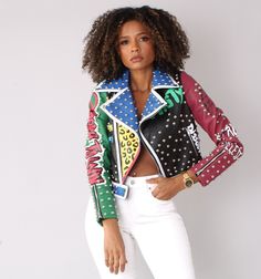 For Her NYC 81773 1 Piece Graffiti Leather Jacket Color: Multi Sizes: S, M, L, XL, 1X, 2X Urban Multicolor Outerwear For Spring, Urban Multicolor Spring Outerwear, Edgy Fitted Multicolor Outerwear, Multicolor Biker Jacket For Streetwear In Fall, Multicolor Biker Jacket For Fall Streetwear, Edgy Multicolor Spring Outerwear, Edgy Multicolor Winter Outerwear, Edgy Multicolor Outerwear For Fall, Multicolor Long Sleeve Biker Jacket For Streetwear