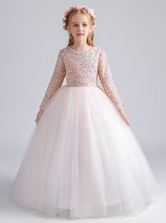 Long Sleeve Flower Girl Dress, Long Ball Dresses, Long Frocks For Girls, Sequin Flower Girl Dress, Long Flower Girl Dresses, Splendid Dress, Pink Flower Girl Dresses, Girls Long Dresses, Hoop Skirt