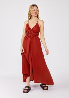 [Color: Sienna]  A blonde model wearing an ultra bohemian Fall maxi dress with slip on chunky sandals. A cotton maxi dress in a red wine solid print Bohemian Maxi Dresses, Maxi Dress Designs, Bohemian Maxi, Cotton Maxi Dress, Bohemian Maxi Dress, Halter Maxi Dress, Halter Maxi, Dress Crafts, Cotton Maxi