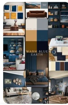 a collage of different rooms with blue walls and furniture