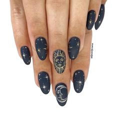 Witchy Celestial Nails, Black Cateye Nailart, Celestial Nails Short, Burgundy Star Nails, Astral Nails, Sun And Moon Nails Design, Planets Nails, Solar Eclipse Nails, Star Sign Nails