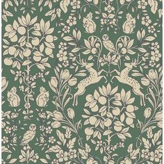 an old wallpaper with birds and flowers in green, beige and cream colors on a dark background