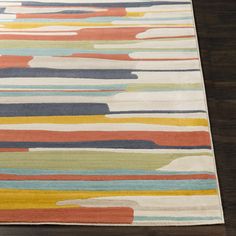 a multicolored area rug on a wooden floor