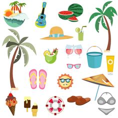 a collection of beach related items including watermelon, sunglasses, umbrella and palm tree