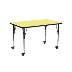 a yellow rectangular table with four wheels on the bottom and one black top, against a white background