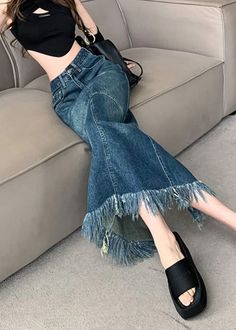 Women Navy High Waist Patchwork Tassel Denim Maxi Skirts SummerFabric: Cotton BlendedSize & Fit: This garment fits true to size.Length: Size S measures 34.71"from waist to hem.Waist:Fitted - very fitted at natural waist Hip: Loosely Fitted. room for hips. Hand Wash Cold. Maxi Skirts Summer, Commuter Style, Big Skirts, Skirts Summer, Vintage Fringe, Fashion Crafts, Denim Maxi, Denim Skirt Women, Denim Maxi Skirt