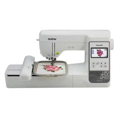 a white sewing machine with pink flowers on it's front and side buttons that read, brother