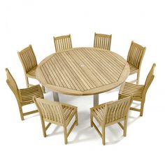 a wooden table with six chairs around it and one chair on the other side, in front of a white background