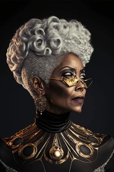 a woman with white hair and gold jewelry