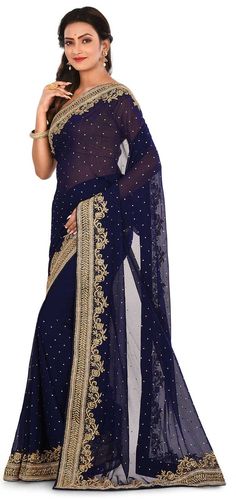 Engagement, Festive, Mehendi Sangeet, Reception Blue color Georgette fabric Saree : 1585494 Sangeet Saree, Blue Color Saree, Georgette Fabric, Bugle Beads, Thread Work, Thread, Saree, Blue Color, Festival