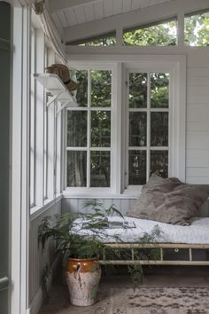 a bed sitting in the corner of a room next to a window and potted plant