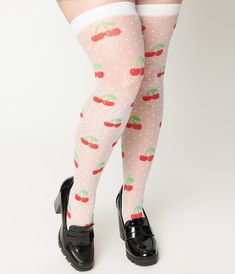 Sheer White Cherry Dot Thigh High Socks - Unique Vintage - Womens, ACCESSORIES, HOSIERY Cute Knee-high Socks For Spring, Cute Fitted Knee-high Stockings, Cute Thigh High Fitted Stockings, Cute Thigh-high Fitted Stockings, Cute Fitted Thigh-high Stockings, Playful Thigh High Fitted Socks, Playful Fitted Thigh High Socks, Cute Knee-high Spring Stockings, Playful Fitted Thigh-high Socks