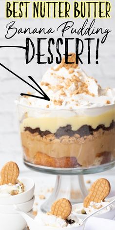 the best peanut butter banana pudding dessert in a glass dish with graham crackers on top