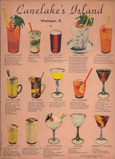 an old poster shows different types of cocktails and drinks in various glasses with names on them