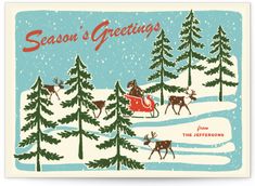 a christmas card with reindeers and sleigh in the snow surrounded by trees