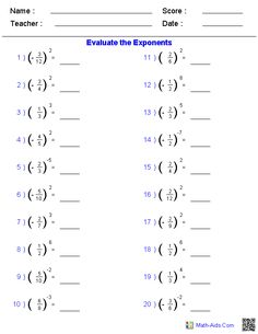 the exponent worksheet for students to practice fraction numbers and their subs