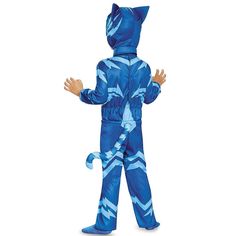 a child in a blue cat costume standing with his hands out to the side,