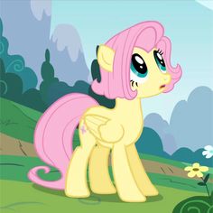 a pinkie pony standing in the middle of a field with flowers and trees behind it